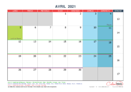 Calendrier mensuel – Mois d’avril 2021