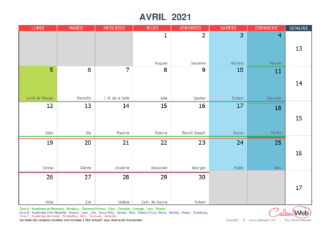 Calendrier mensuel – Mois d’avril 2021 Avec fêtes, jours fériés et vacances scolaires