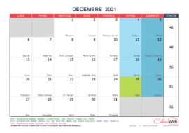 Calendrier mensuel – Mois de décembre 2021