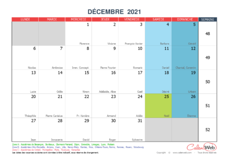 Calendrier mensuel – Mois de décembre 2021 Avec fêtes, jours fériés et vacances scolaires