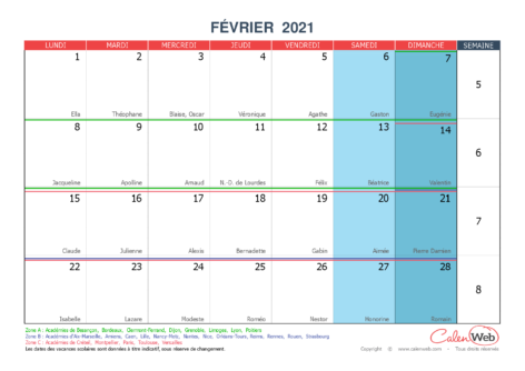 Calendrier mensuel – Mois de février 2021 Avec fêtes, jours fériés et vacances scolaires