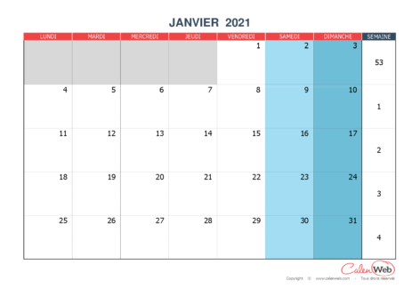 Calendrier mensuel 2021 personnalisable Version vierge