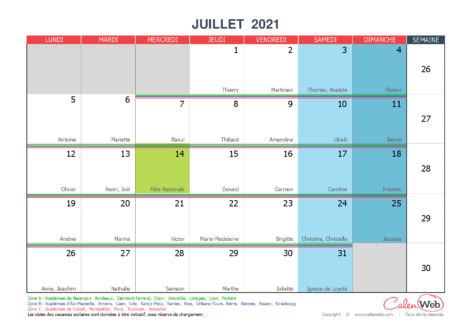 Calendrier mensuel – Mois de juillet 2021 Avec fêtes, jours fériés et vacances scolaires