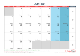 Calendrier mensuel – Mois de juin 2021