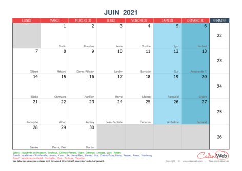 Calendrier mensuel – Mois de juin 2021 Avec fêtes, jours fériés et vacances scolaires