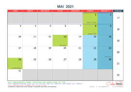 Calendrier mensuel – Mois de mai 2021