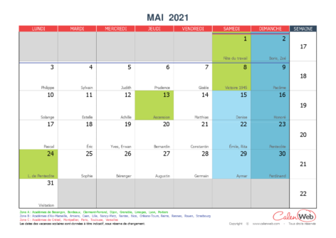 Calendrier mensuel – Mois de mai 2021 Avec fêtes, jours fériés et vacances scolaires