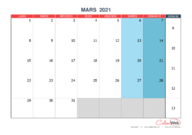 Calendrier mensuel – Mois de mars 2021