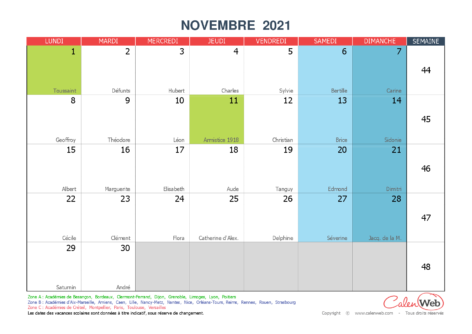 Calendrier mensuel – Mois de novembre 2021 Avec fêtes, jours fériés et vacances scolaires