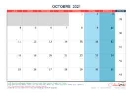 Calendrier mensuel – Mois d’octobre 2021