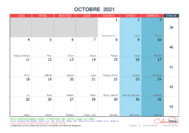 Calendrier mensuel – Mois d’octobre 2021