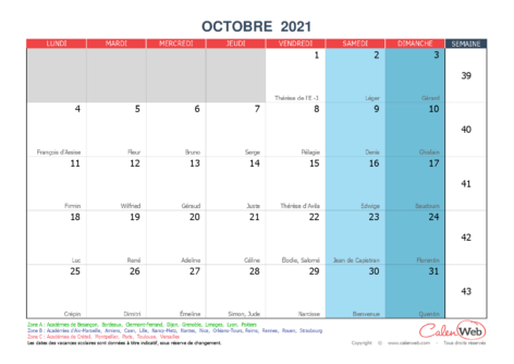 Calendrier mensuel – Mois d’octobre 2021 Avec fêtes, jours fériés et vacances scolaires