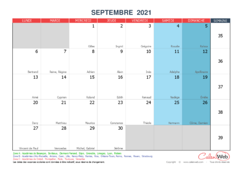 Calendrier mensuel – Mois de septembre 2021 Avec fêtes, jours fériés et vacances scolaires