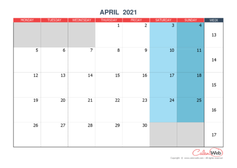 Monthly calendar – Month of April 2021 The week starts on Monday