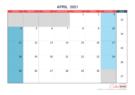 Monthly calendar – Month of April 2021 The week starts on Sunday