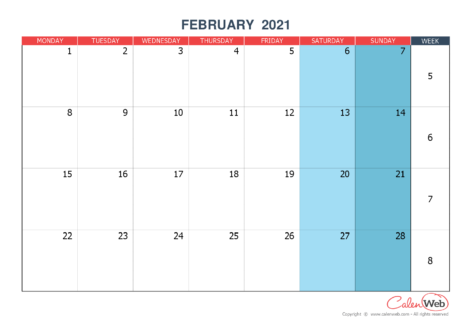 Monthly calendar – Month of February 2021 The week starts on Monday