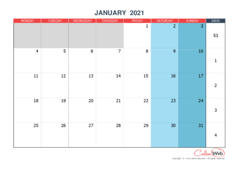 Monthly calendar – Month of January 2021 The week starts on Monday