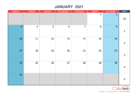 Monthly calendar – Month of January 2021