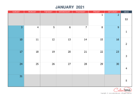 2021 monthly customizable calendar The week starts on Sunday