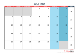 Monthly calendar – Month of July 2021