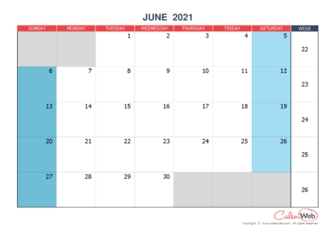 Monthly calendar – Month of June 2021 The week starts on Sunday