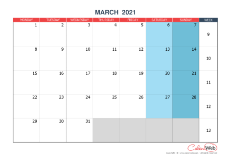 Monthly calendar – Month of March 2021 The week starts on Monday