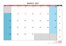 Monthly calendar – Month of March 2021