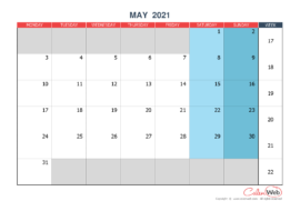 Monthly calendar – Month of May 2021