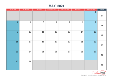 Monthly calendar – Month of May 2021 The week starts on Sunday