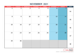 Monthly calendar – Month of November 2021