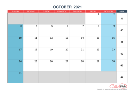 Monthly calendar – Month of October 2021 The week starts on Sunday