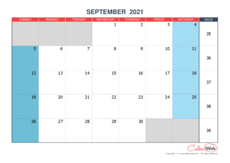 Monthly calendar – Month of September 2021 The week starts on Sunday