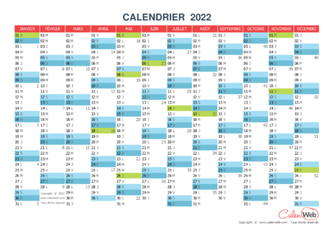 Calendrier annuel – Année 2022 avec jours fériés