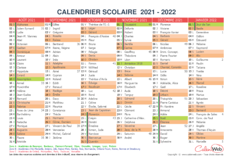 Calendrier scolaire semestriel 2021-2022 avec affichage des jours fériés, vacances scolaires et fêtes du jour